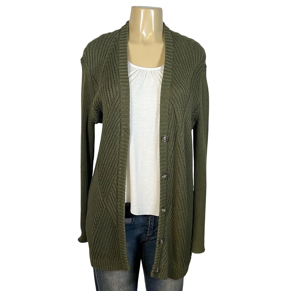 Cabi Womens Olive Green Ribbed Knit Cotton Button Front Cardigan Sweater 3536 S